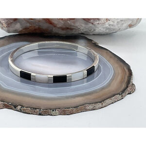 Sterling Silver Women's Onyx & Pearl Bangle, Round Shape 7” Length